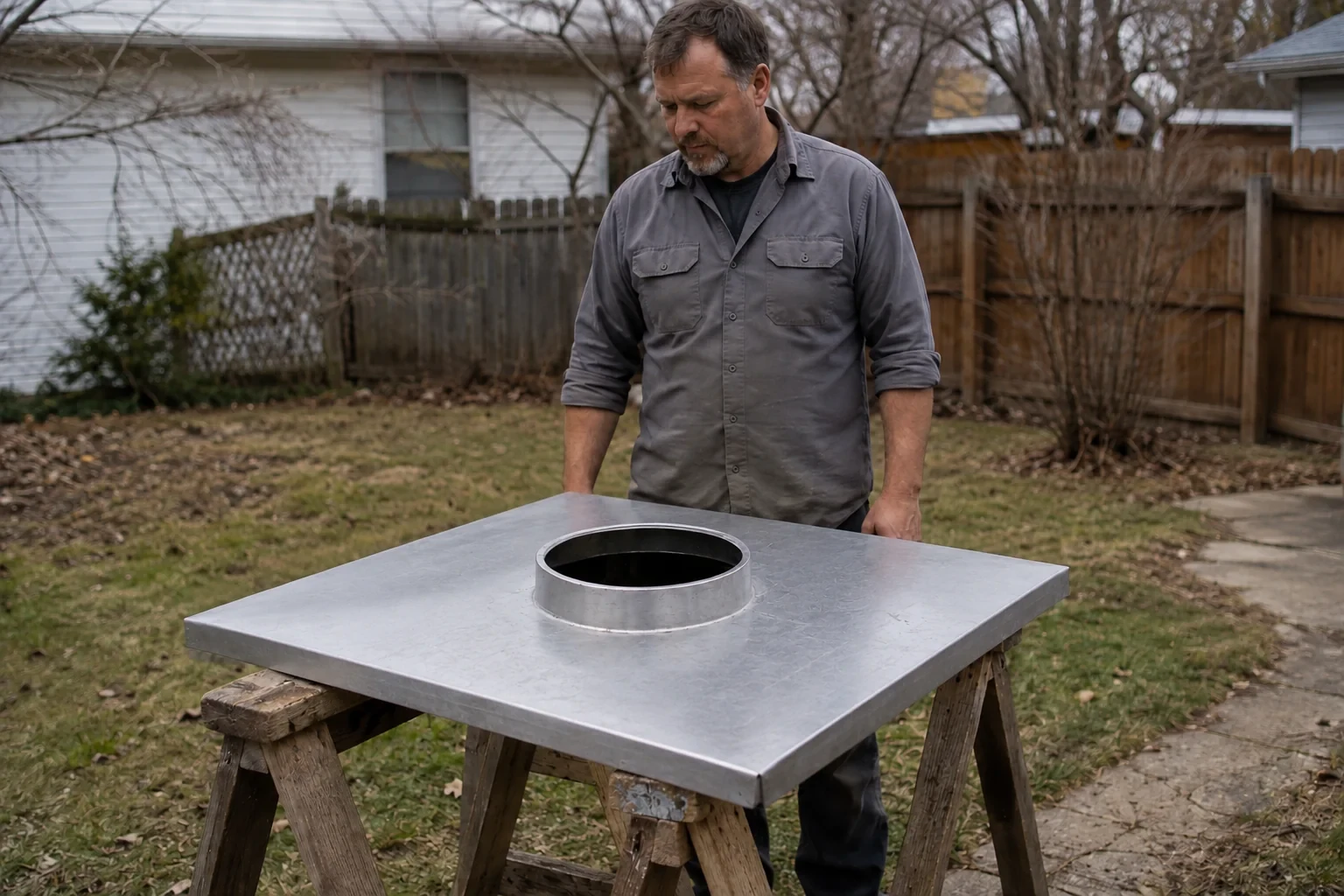 Illustration: Detached metal chase-cover plate with raised circular collar on work stands.