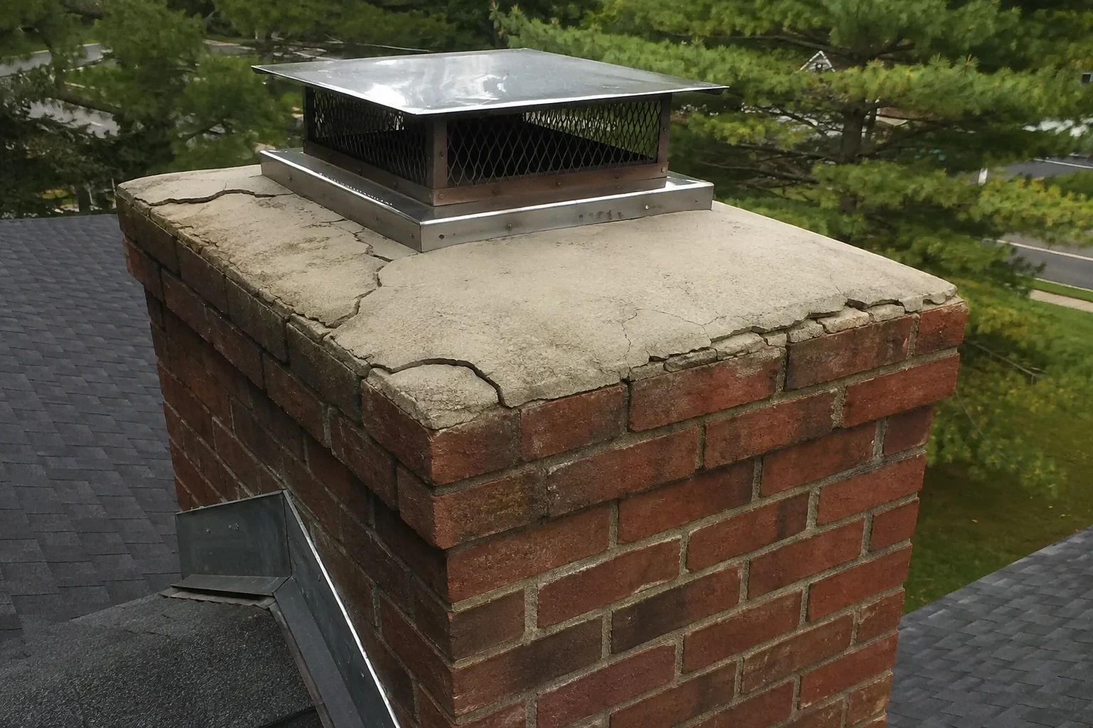 Illustration: Cracked masonry chimney crown beneath a screened metal cap.