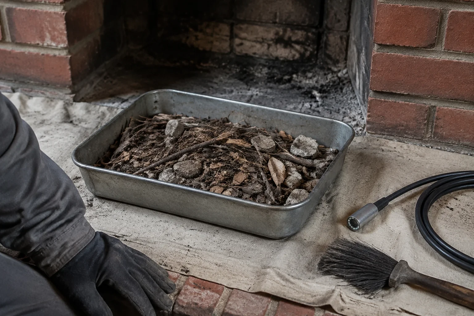 Illustration: Tray of twigs and masonry debris beside inspection equipment at a cold hearth.