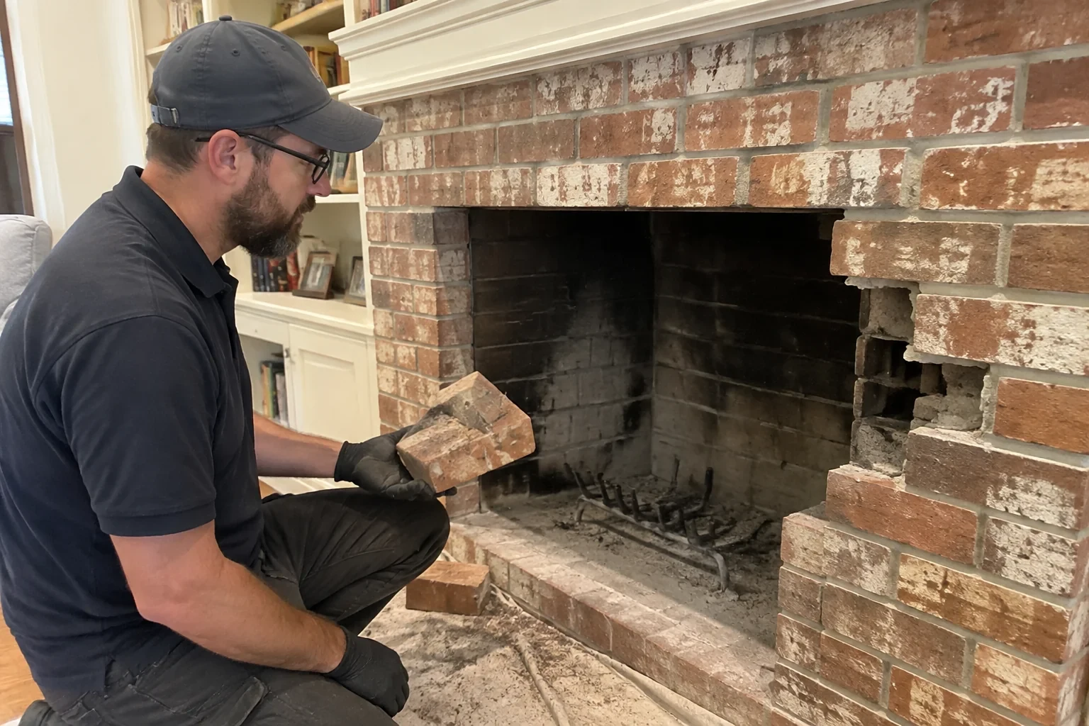 Illustration: Technician holding a loose brick beside missing masonry at a fireplace surround.