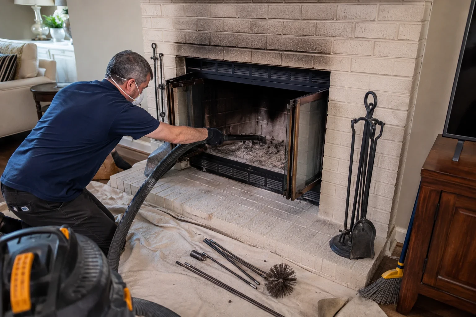 Illustration: Technician holding a vacuum hose toward ash inside a cold fireplace.