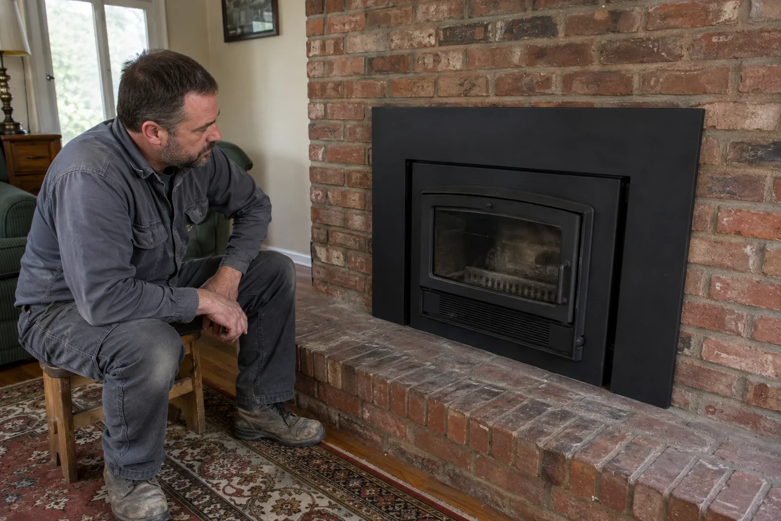 Illustration: Black enclosed fireplace insert recessed into an existing brick surround.