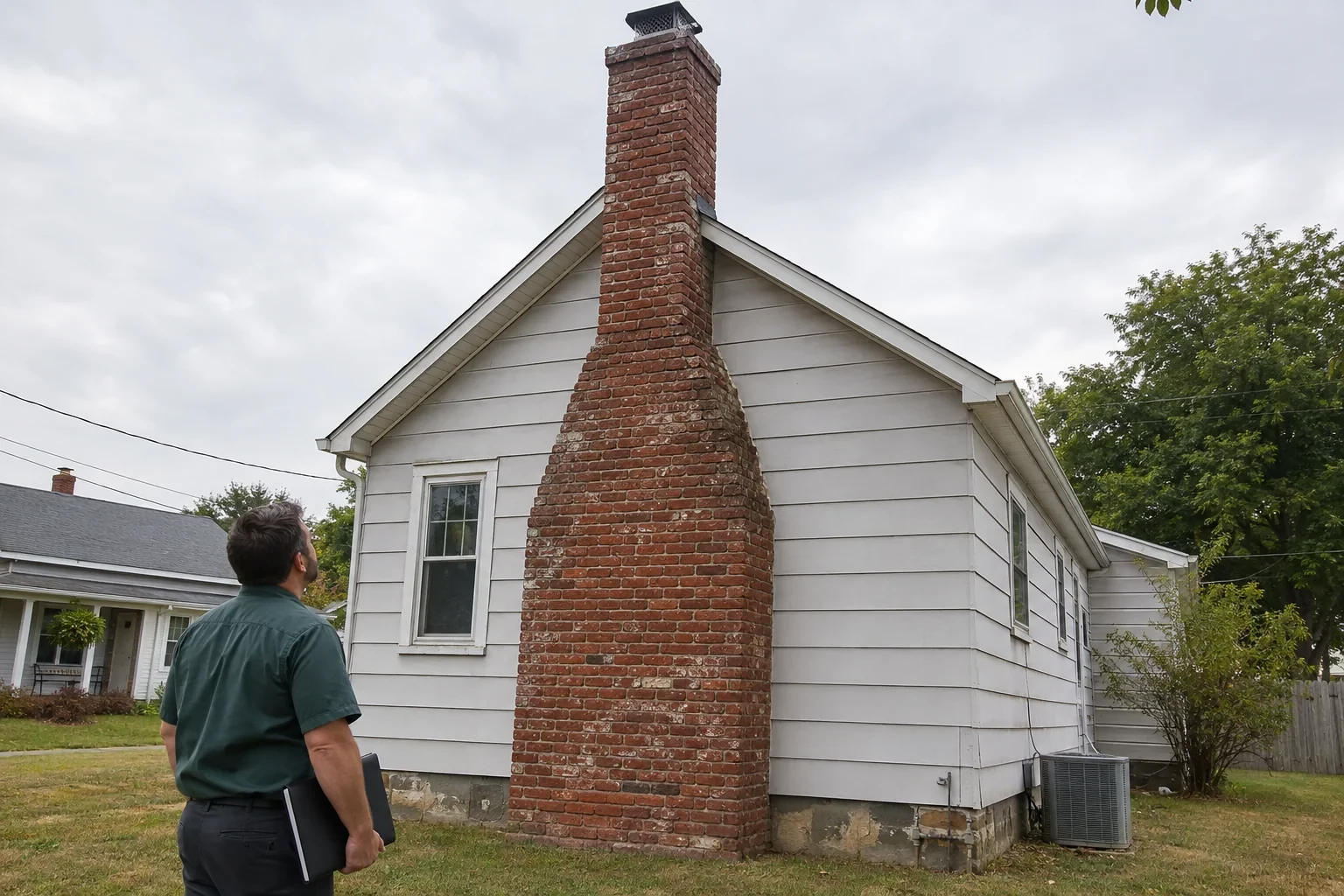 Illustration: Whole exterior brick chimney from base to cap beside a single-story house.