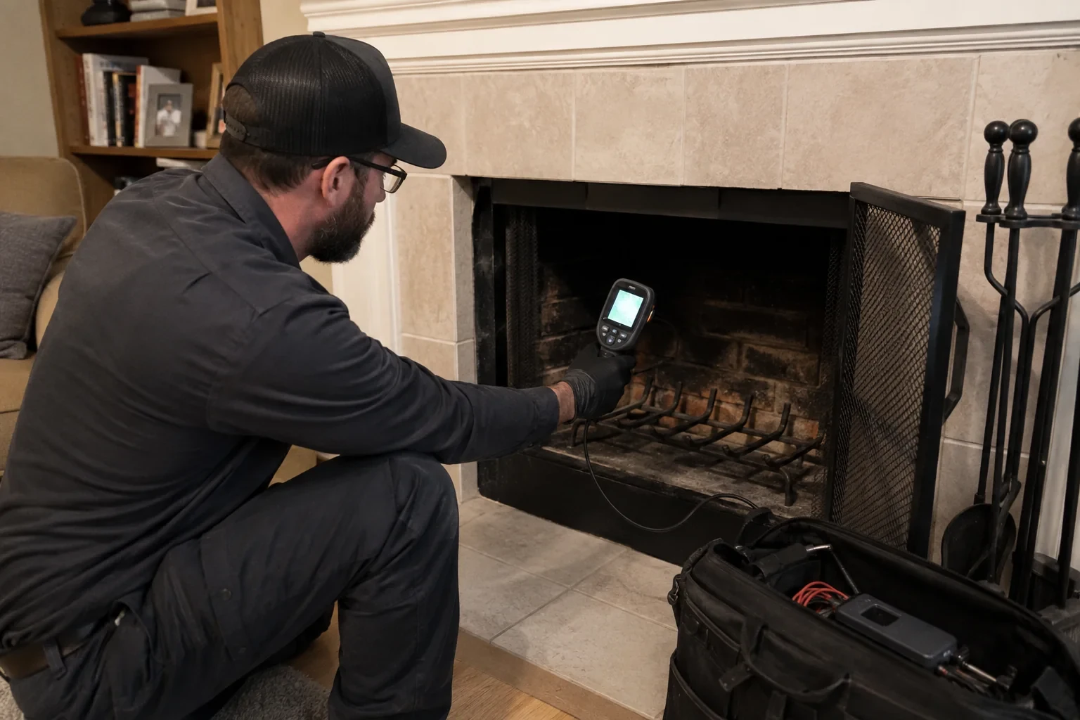 Illustration: Technician holding a screen-equipped inspection instrument at a cold fireplace.