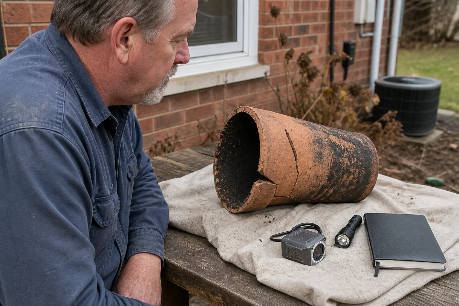 Illustration: Technician examining a cracked soot-marked ceramic section on a workbench.